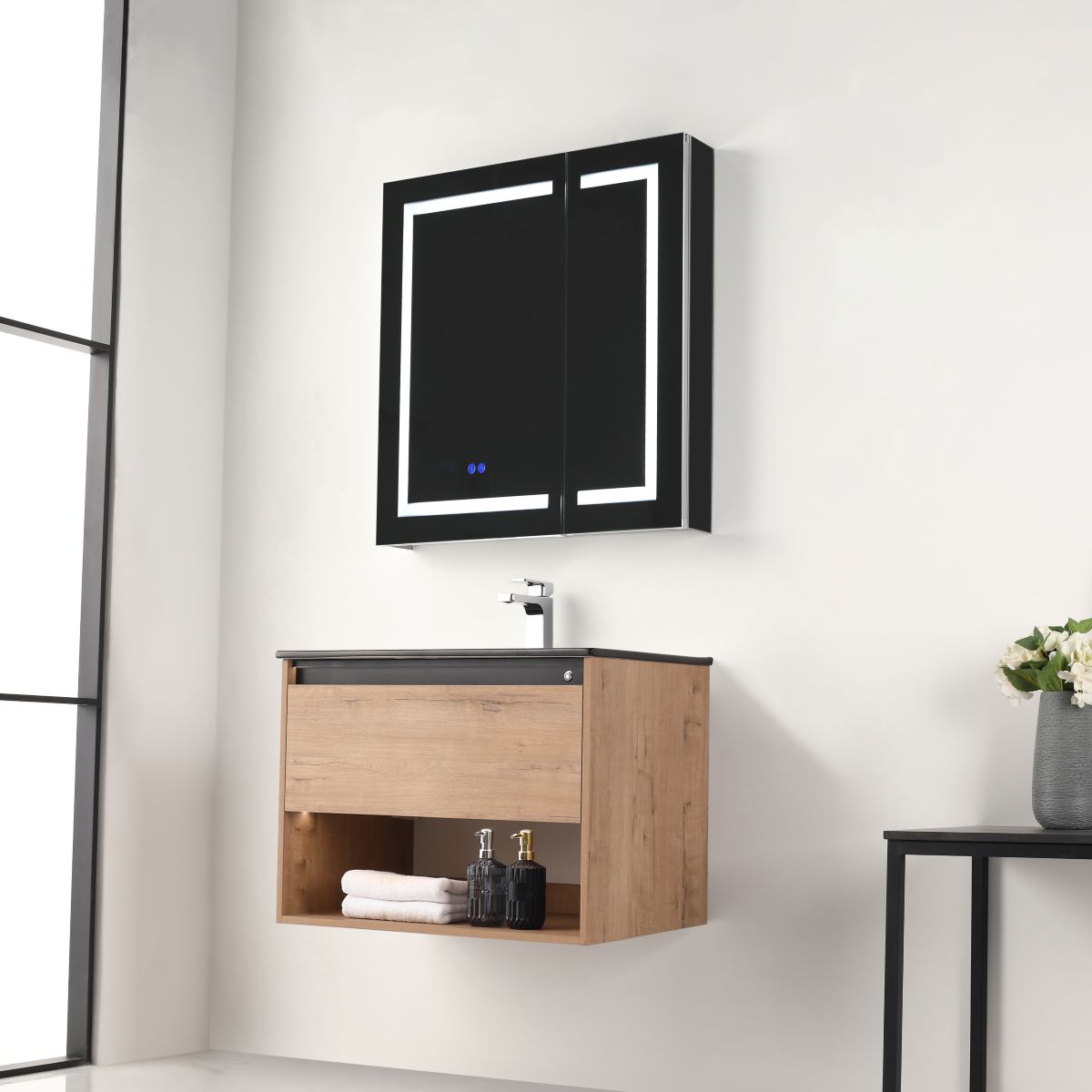 Blossom Bergen Classic Oak  30" Vanity with Dual LED Illumination - Adjustable Lighting, Black Basin, side