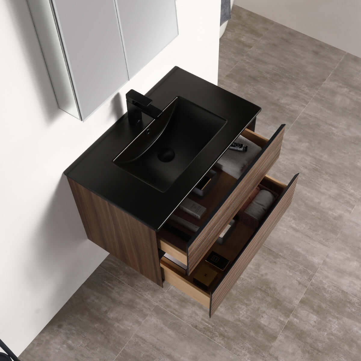 Blossom Annecy 30″ Wall-Hung Vanity - Modern Minimalist Design with Soft-Closing Drawers in Dark Walnut and Maple