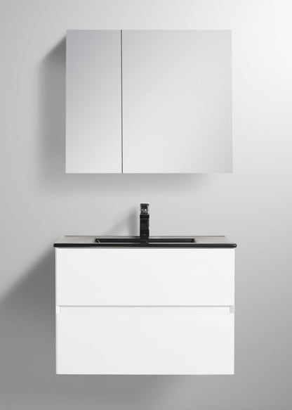 Blossom Assisi 30" White Vanity - Eco-Friendly Minimalist Design with Soft-Closing Drawers, Black Ceramic Basin, front