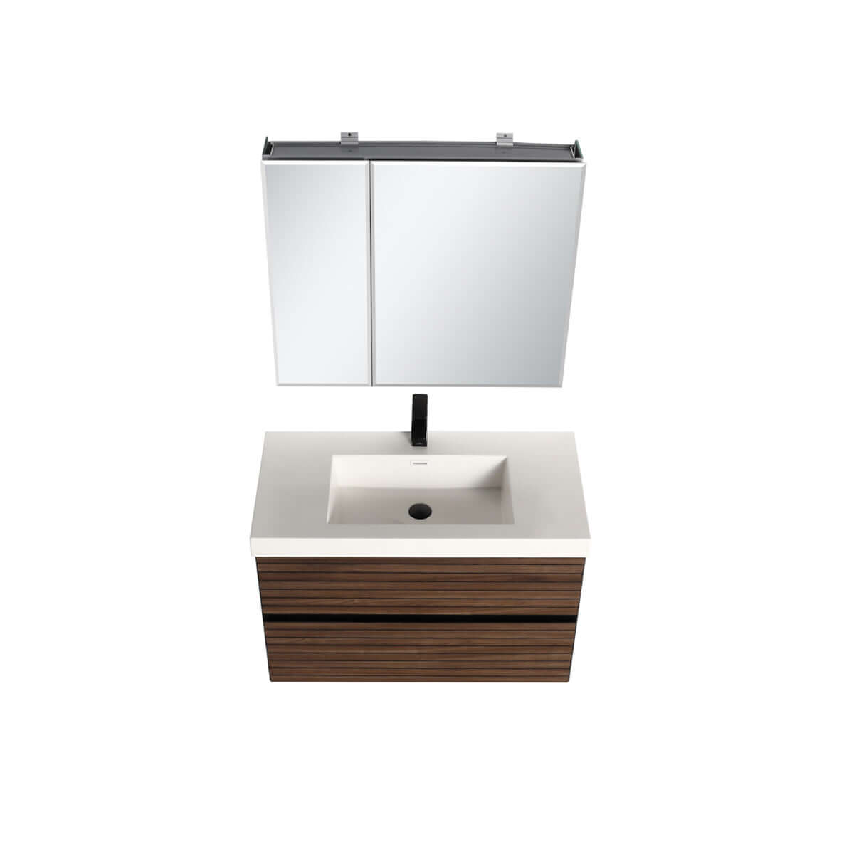 Blossom Annecy 36″ Wall-Hung Vanity - Modern Minimalist Design with Soft-Closing Drawers in Dark Walnut - acrylic basin, open,  up view 2