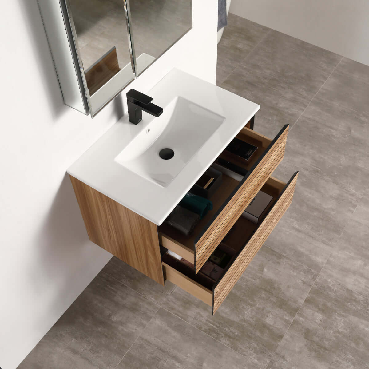 Blossom Annecy 30″ Wall-Hung Vanity - Modern Minimalist Design with Soft-Closing Drawers in Dark Walnut and Maple