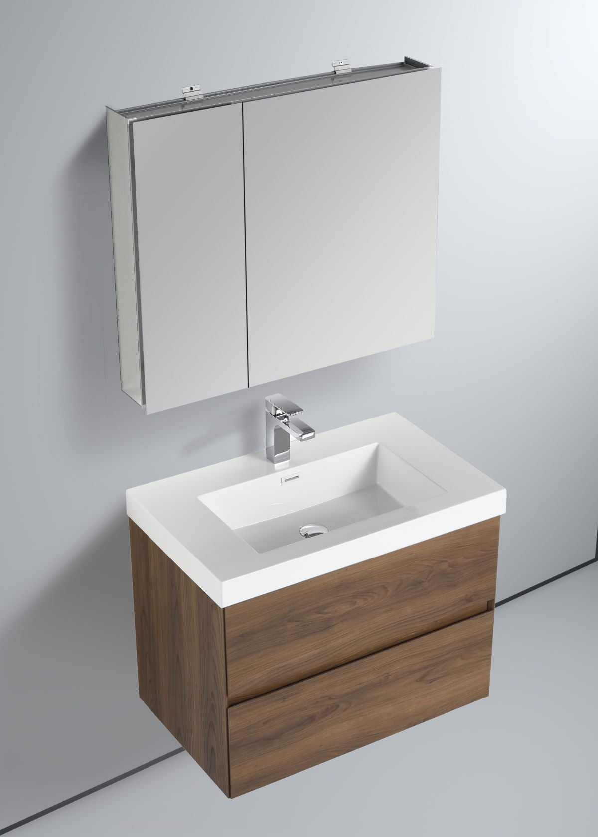 Blossom Assisi 30" Brown Walnut Vanity - Eco-Friendly Minimalist Design with Soft-Closing Drawers, White Acrylic Basin, up