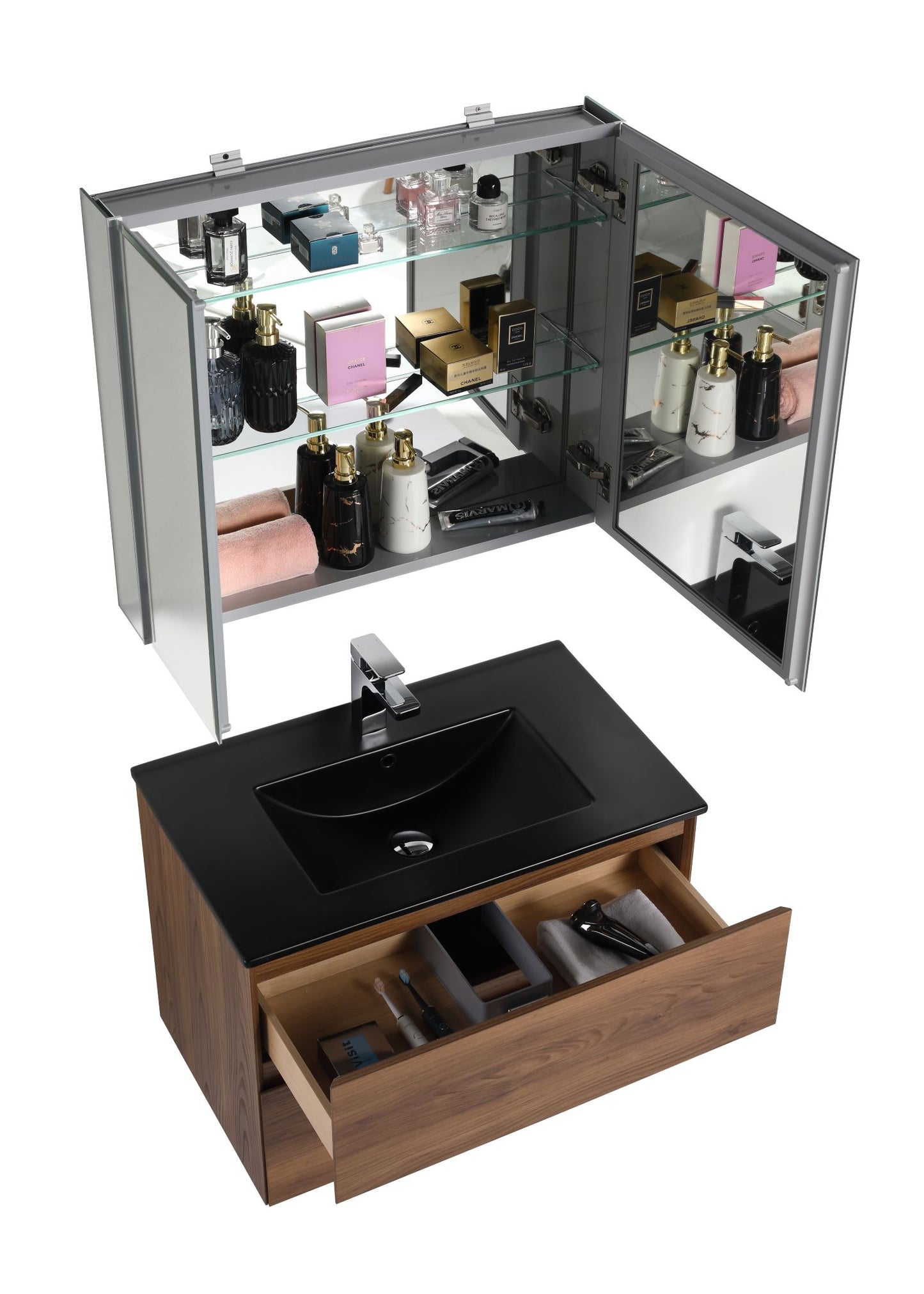 Blossom Assisi 30" Brown Walnut Vanity - Eco-Friendly Minimalist Design with Soft-Closing Drawers, Black Ceramic Basin, open