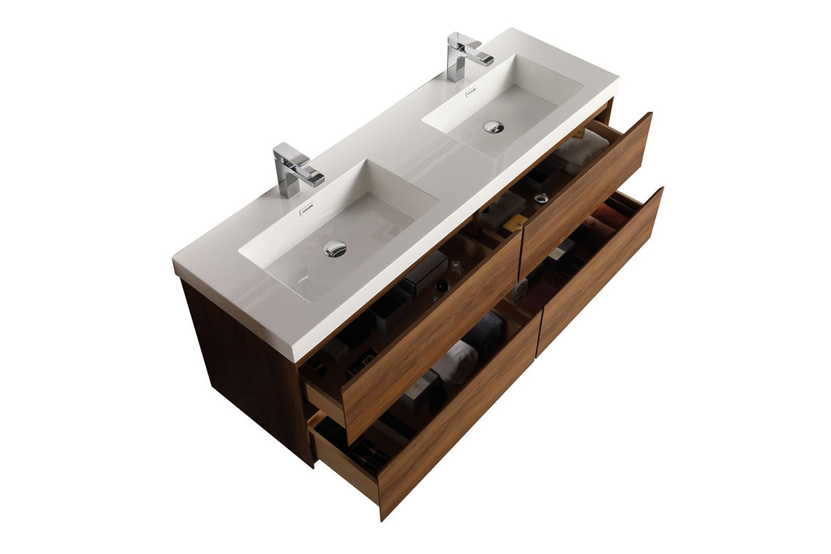  Blossom Assisi 48" Double sink Vanity - Sleek Minimalist Design with Soft-Closing Drawers, Brown Walnut, open