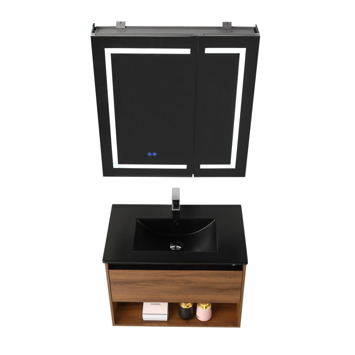 Blossom Bergen Brown Walnut 30" Vanity with Dual LED Illumination - Adjustable Lighting, Black Basin, up