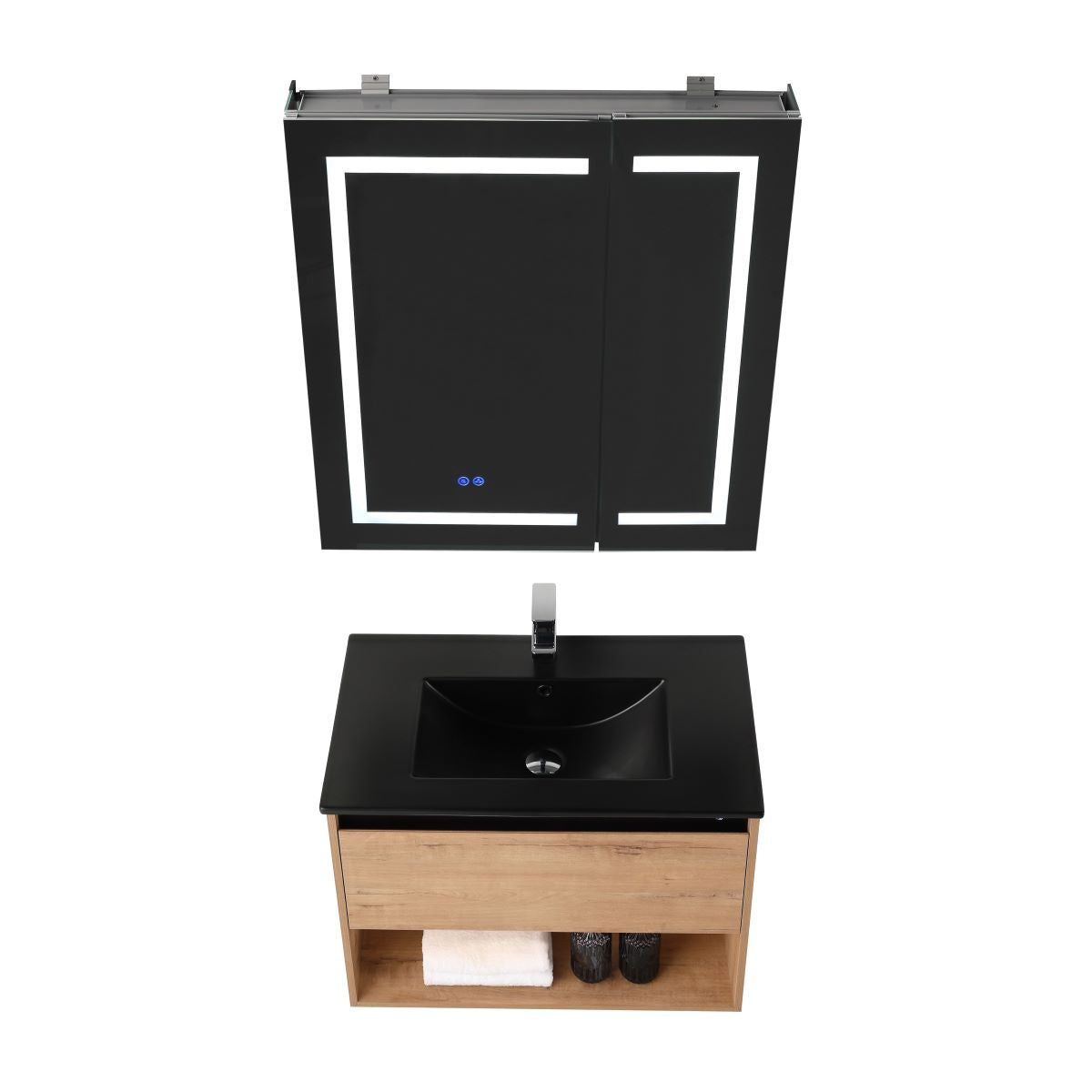 Blossom Bergen Classic Oak  30" Vanity with Dual LED Illumination - Adjustable Lighting, Black Basin, up