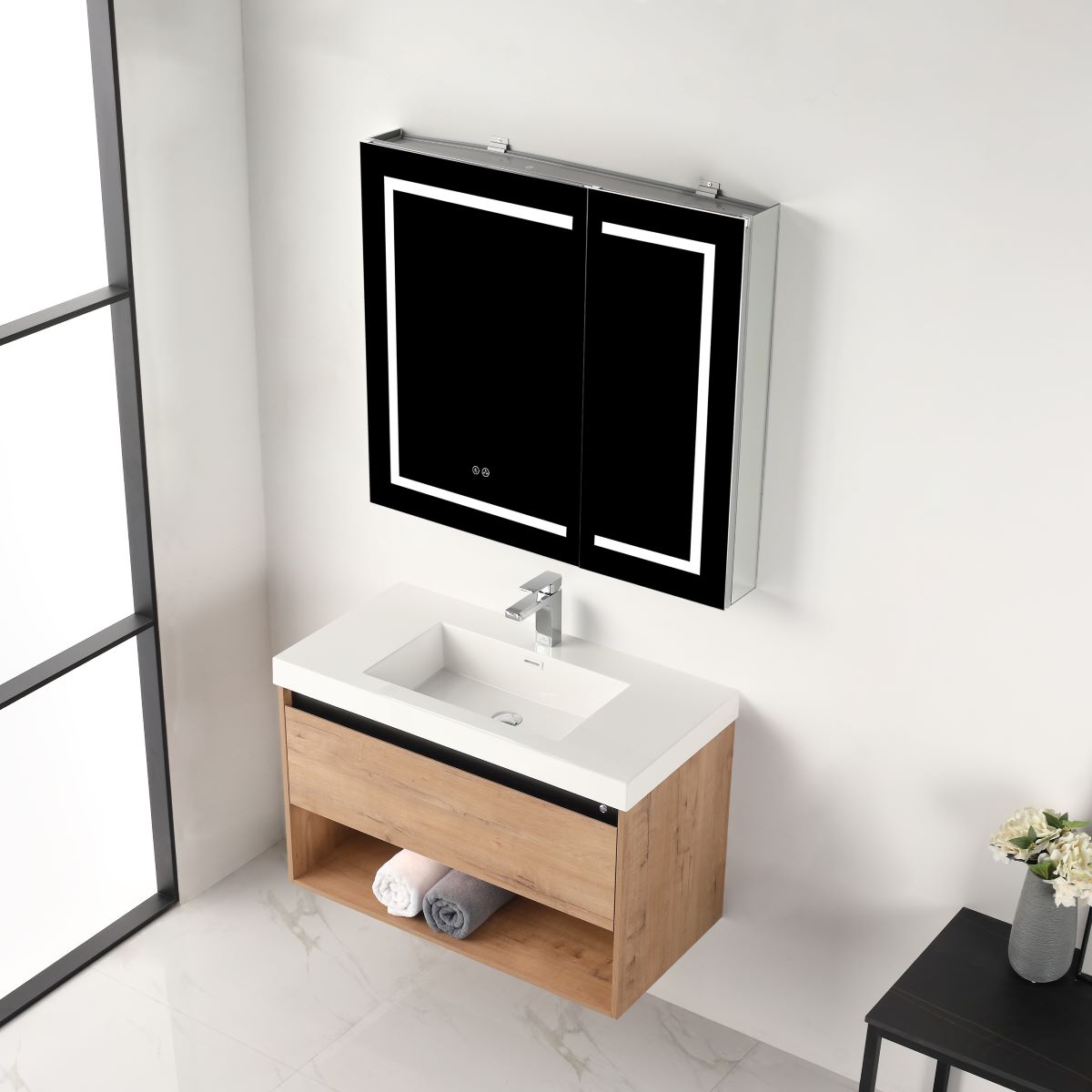 Blossom Bergen Classic Oak  36" Vanity with Dual LED Illumination - Adjustable Lighting, Acrylic Basin, up, side