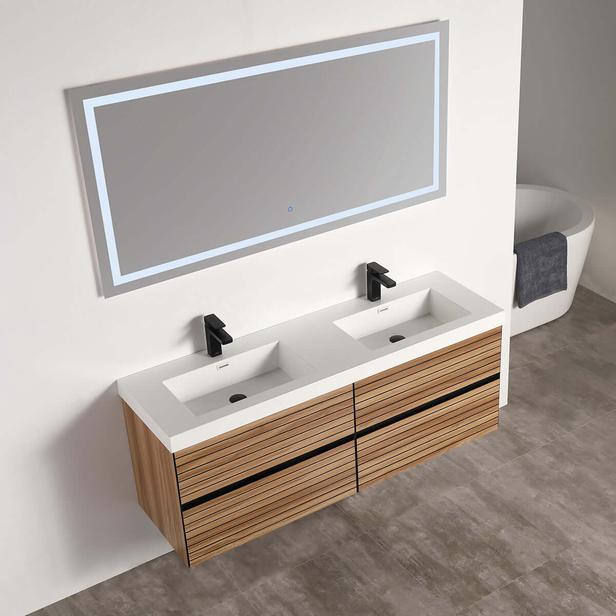 Blossom Annecy 48" Double Sink Wall-Hung Vanity - Modern Minimalist Design with Soft-Closing Drawers in Maple - up, side view