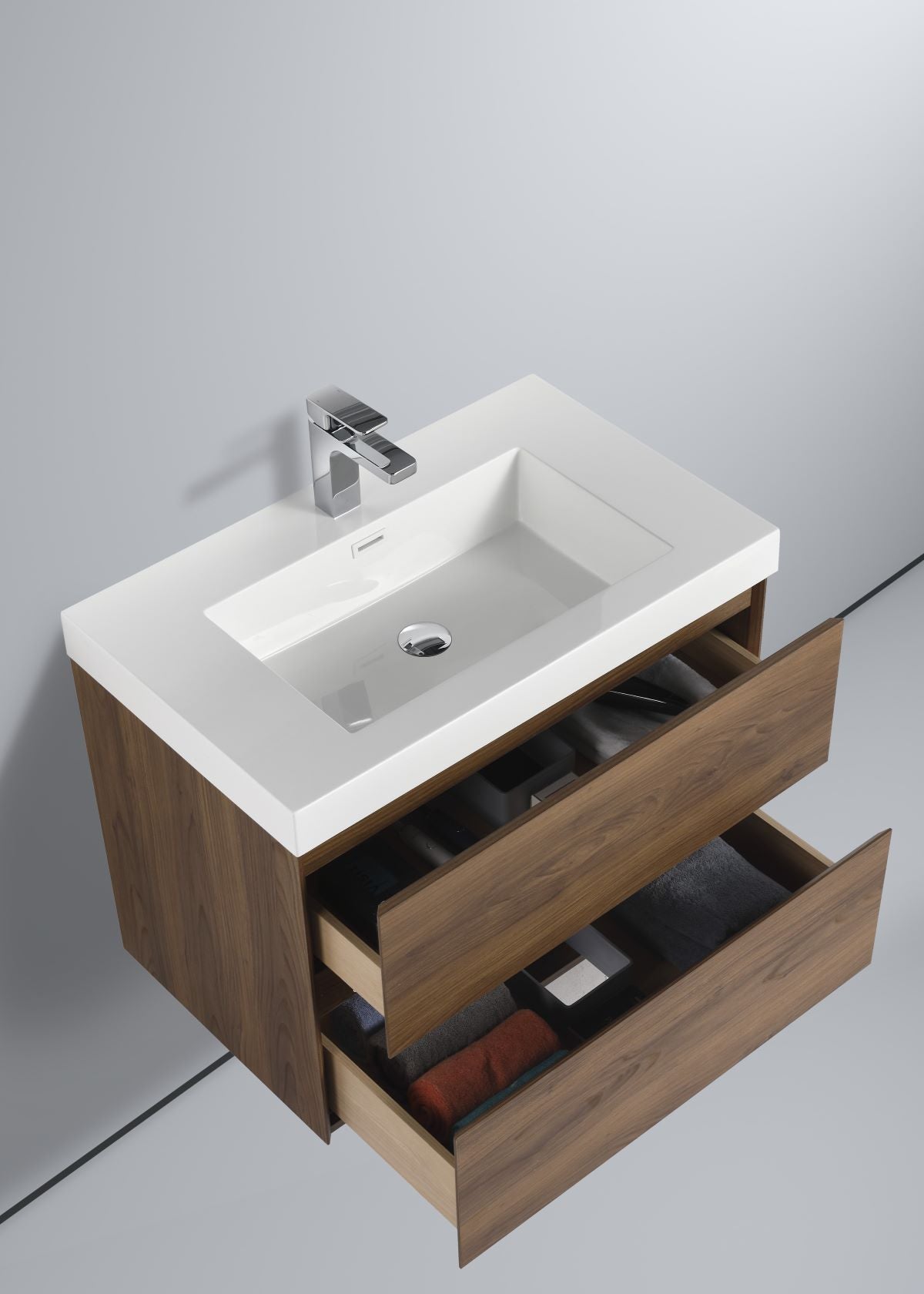 Blossom Assisi 30" Brown Walnut Vanity - Eco-Friendly Minimalist Design with Soft-Closing Drawers, White Acrylic Basin, open