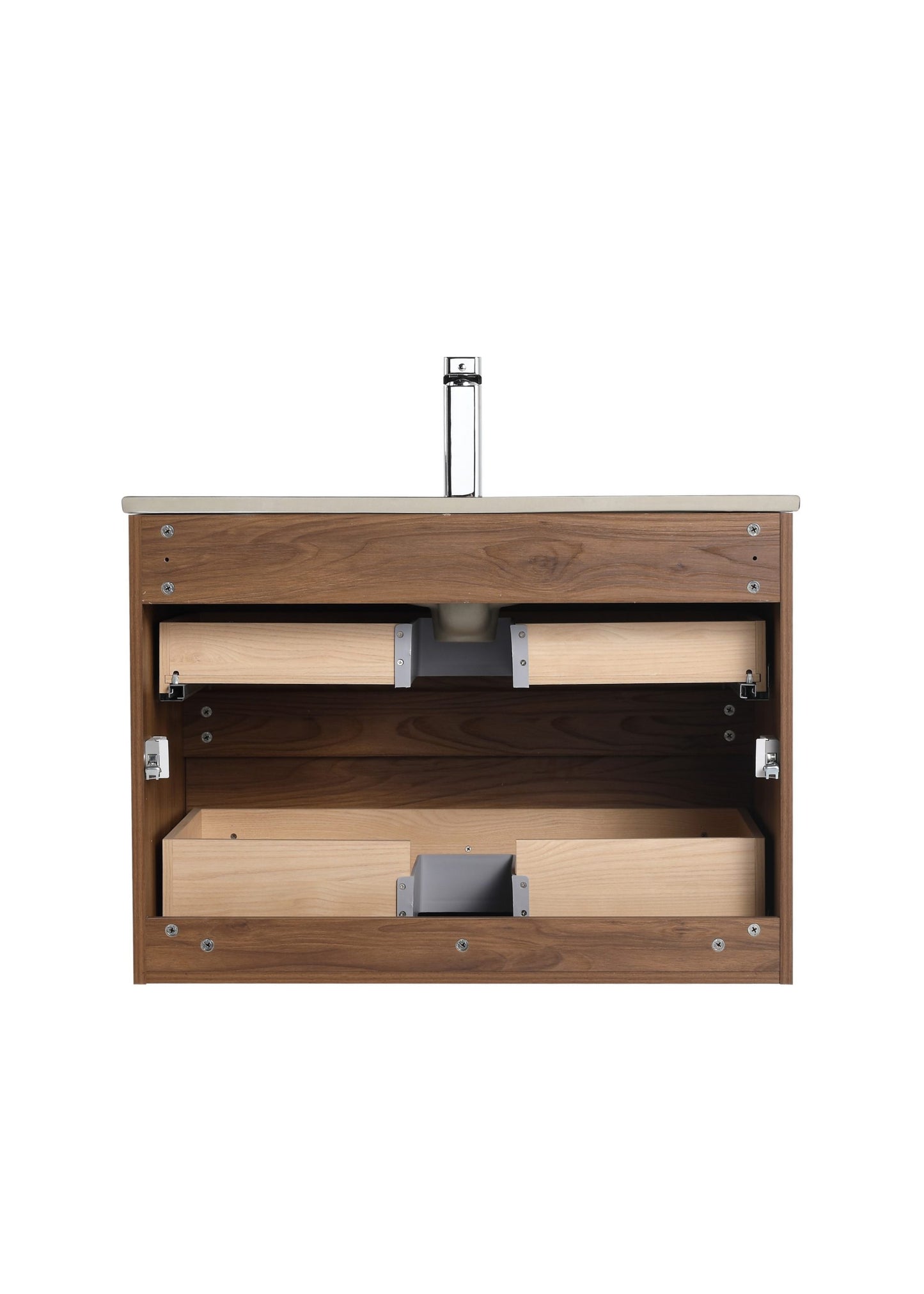 Blossom Assisi 30" Brown Walnut Vanity - Eco-Friendly Minimalist Design with Soft-Closing Drawers, Black Ceramic Basin, back