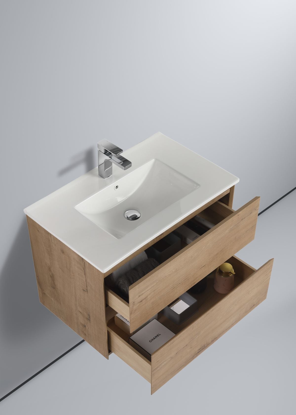 Blossom Assisi 30" Classic Oak Vanity - Eco-Friendly Minimalist Design with Soft-Closing Drawers, Acrylic Basin, open1