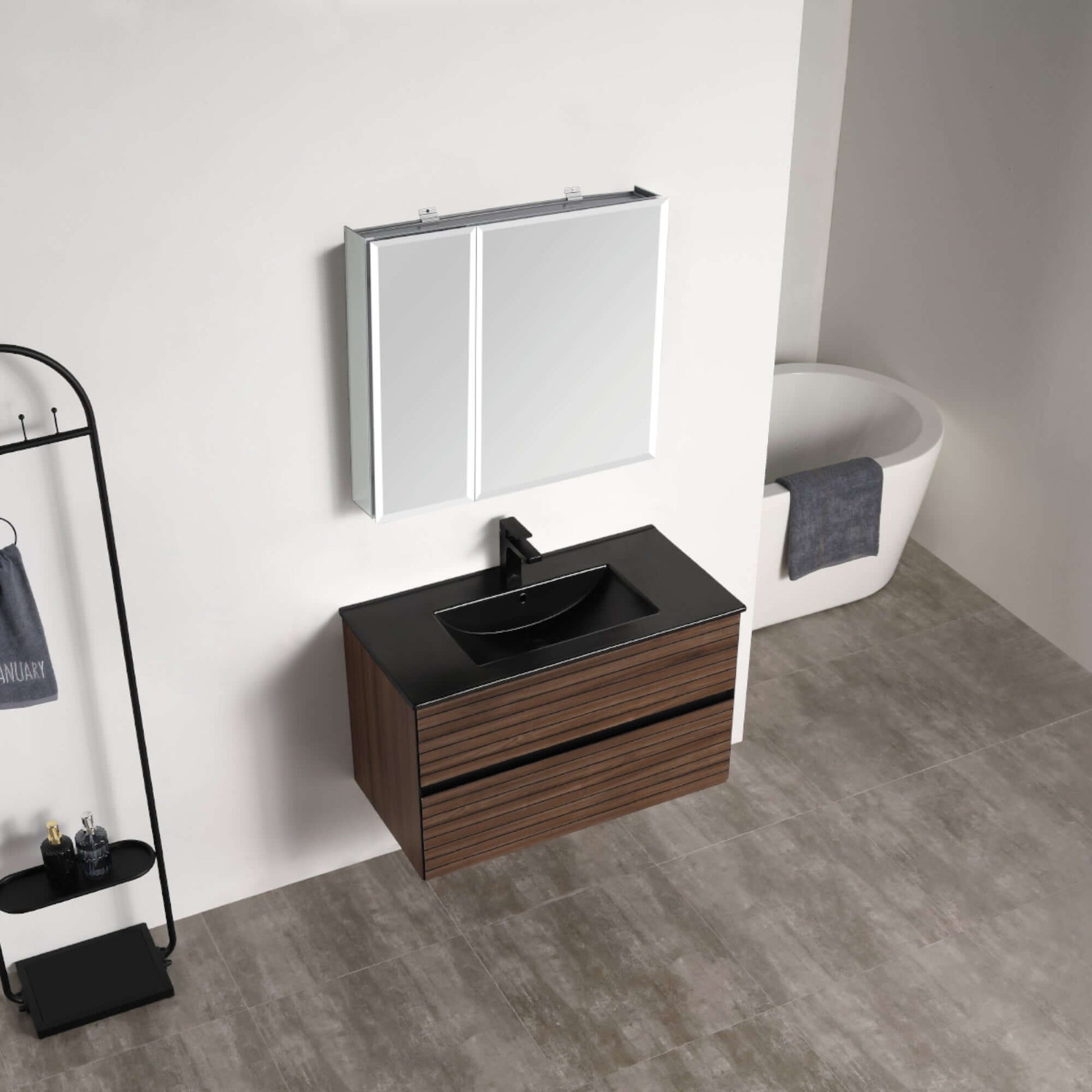 Blossom Annecy 36″ Wall-Hung Vanity - Modern Minimalist Design with Soft-Closing Drawers in Dark Walnut - up view, black basin