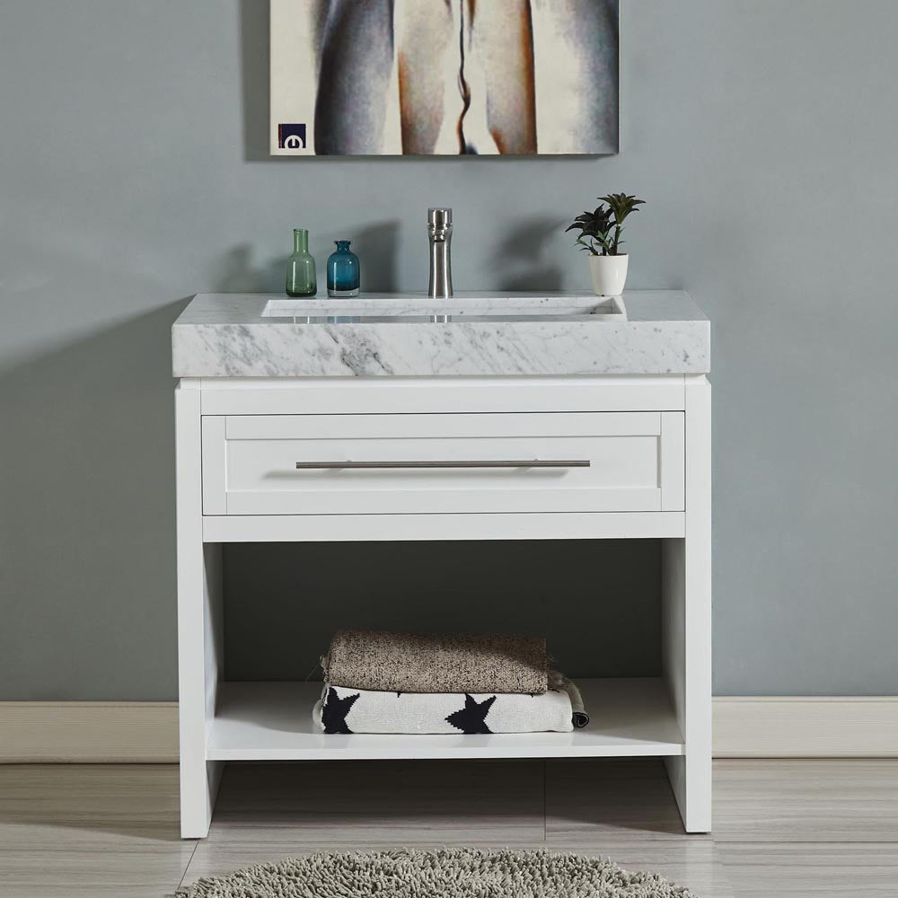 36-inch Carrara White Marble Top Single Sink Bathroom Vanity, White C01036WC_T0136WRC 