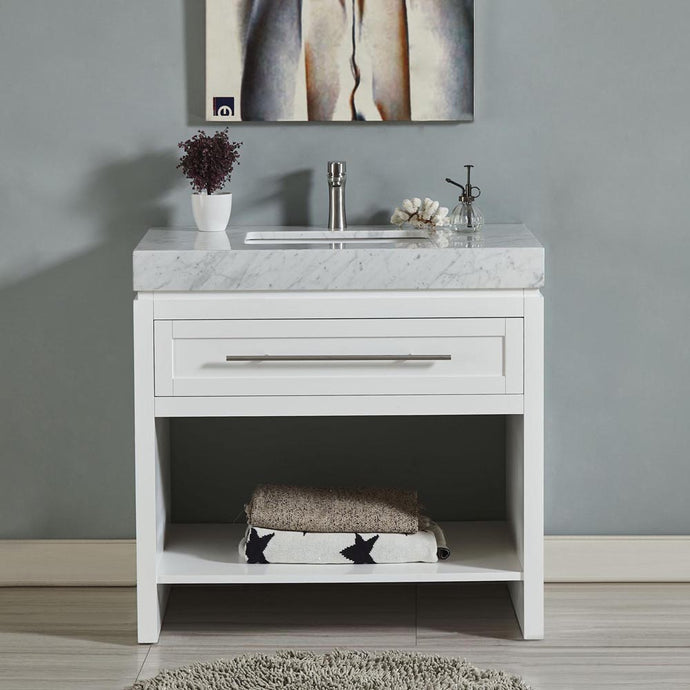 Silkroad Exclusive  36-inch Carrara White Marble Top Single Sink Bathroom Vanity - C01136WC_T0236WSC