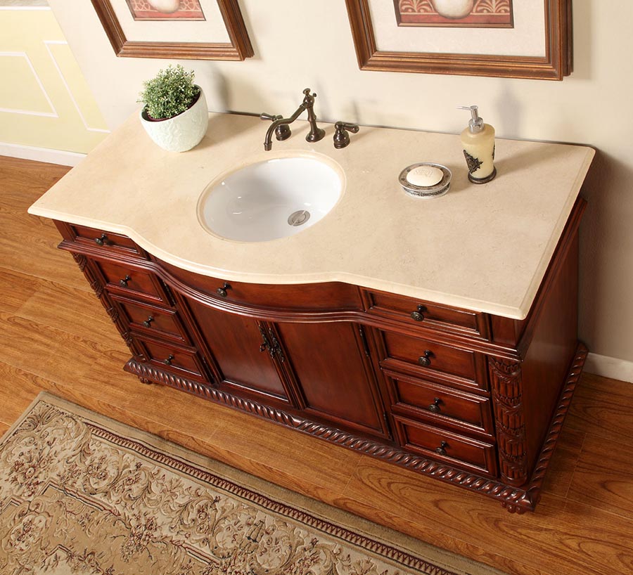 Silkroad Exclusive  60-inch Crema Marfil Marble Top Single Sink Bathroom Vanity
