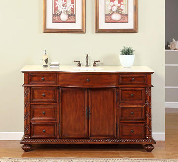 Silkroad Exclusive  60-inch Crema Marfil Marble Top Single Sink Bathroom Vanity