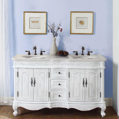 Antique White 58-inch Crema Marfil Marble Top Double Sink Bathroom Vanity - HYP-0145-CM-UIC-58