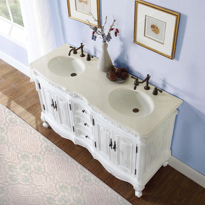 Antique White 58-inch Crema Marfil Marble Top Double Sink Bathroom Vanity - HYP-0145-CM-UIC-58