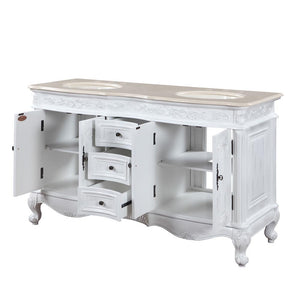 Antique White 58-inch Crema Marfil Marble Top Double Sink Bathroom Vanity - HYP-0145-CM-UIC-58 open