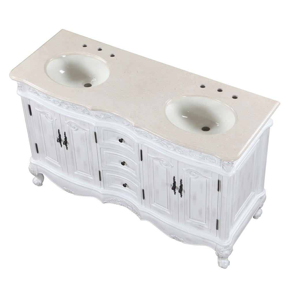 Antique White 58-inch Crema Marfil Marble Top Double Sink Bathroom Vanity - HYP-0145-CM-UIC-58