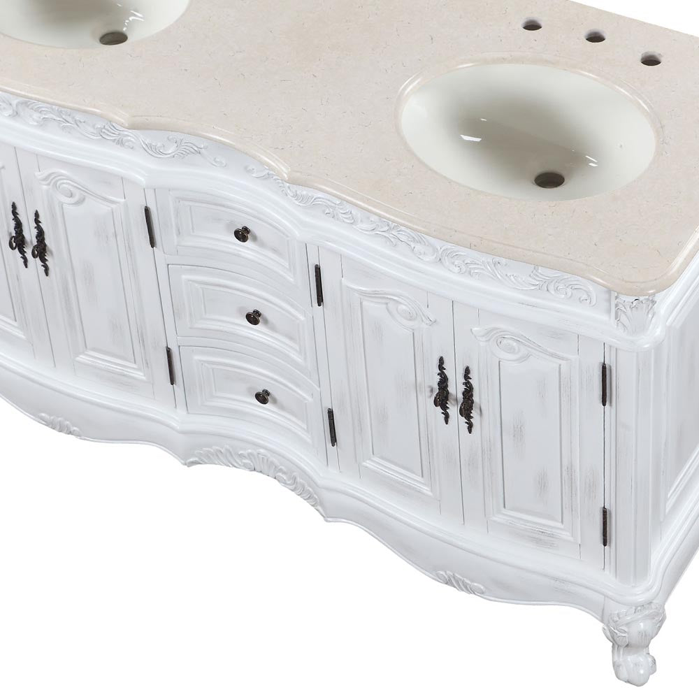 Antique White 58-inch Crema Marfil Marble Top Double Sink Bathroom Vanity - HYP-0145-CM-UIC-58