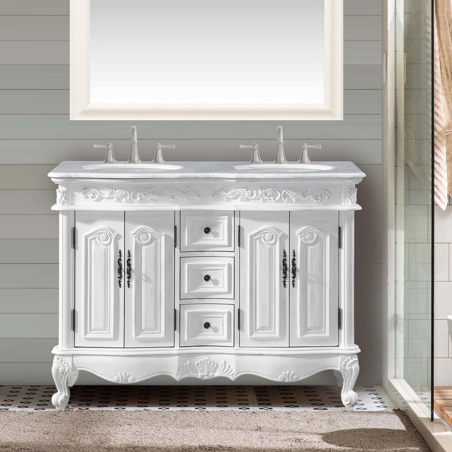 Silkroad Exclusive  48-inch Carrara White Marble Top Double Sink Bathroom Vanity - HYP-0145-WM-UWC-48