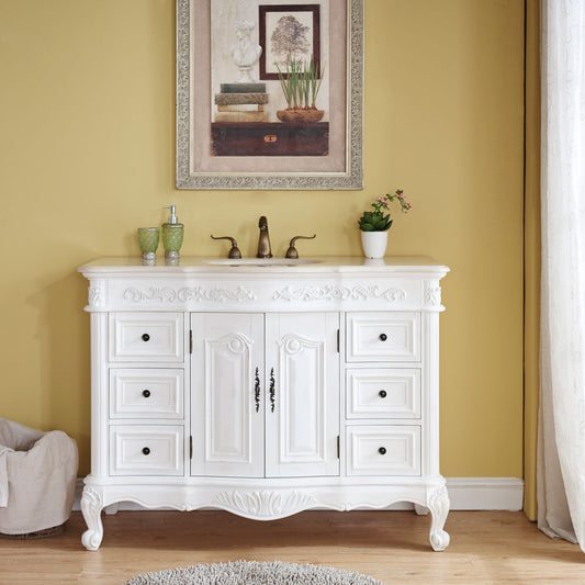 Antique White 48-inch Crema Marfil Marble Top Single Sink Bathroom Vanity - HYP-0152-CM-UWC-48