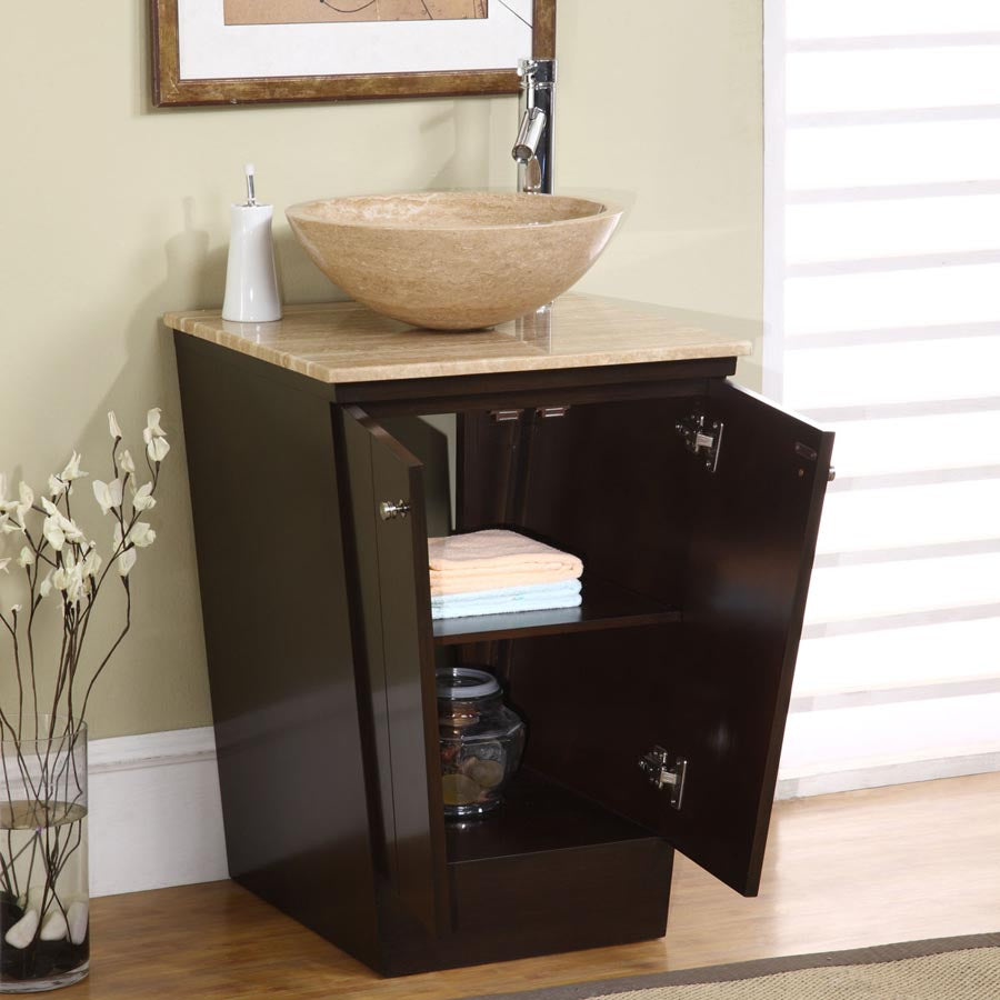 Silkroad Exclusive  22-inch Travertine Top Single Sink Bathroom Vanity open