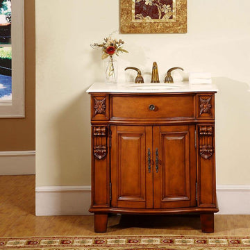 Silkroad Exclusive  33-inch Crema Marfil Marble Top Single Sink Bathroom Vanity