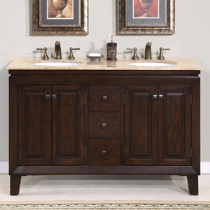 Silkroad Exclusive 55" Transitional Double Sink Bathroom Vanity with Travertine Top - Dark Walnut Finish - HYP-0208-T-UWC-55
