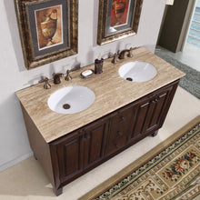 Load image into Gallery viewer, Silkroad Exclusive 55&quot; Transitional Double Sink Bathroom Vanity with Travertine Top - Dark Walnut Finish - HYP-0208-T-UWC-55