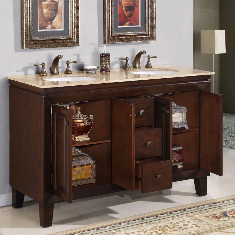 Silkroad Exclusive 55" Transitional Double Sink Bathroom Vanity with Travertine Top - Dark Walnut Finish - HYP-0208-T-UWC-55 open