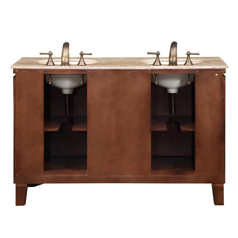 Silkroad Exclusive 55" Transitional Double Sink Bathroom Vanity with Travertine Top - Dark Walnut Finish - HYP-0208-T-UWC-55 Back