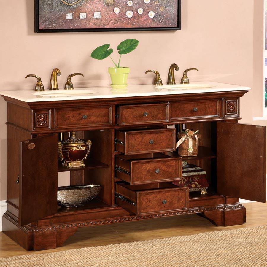 Silkroad Exclusive 60" Traditional Double Sink Bathroom Vanity, Crema Marfil Marble Top, English Chestnut - HYP-0209-CM-UIC-60