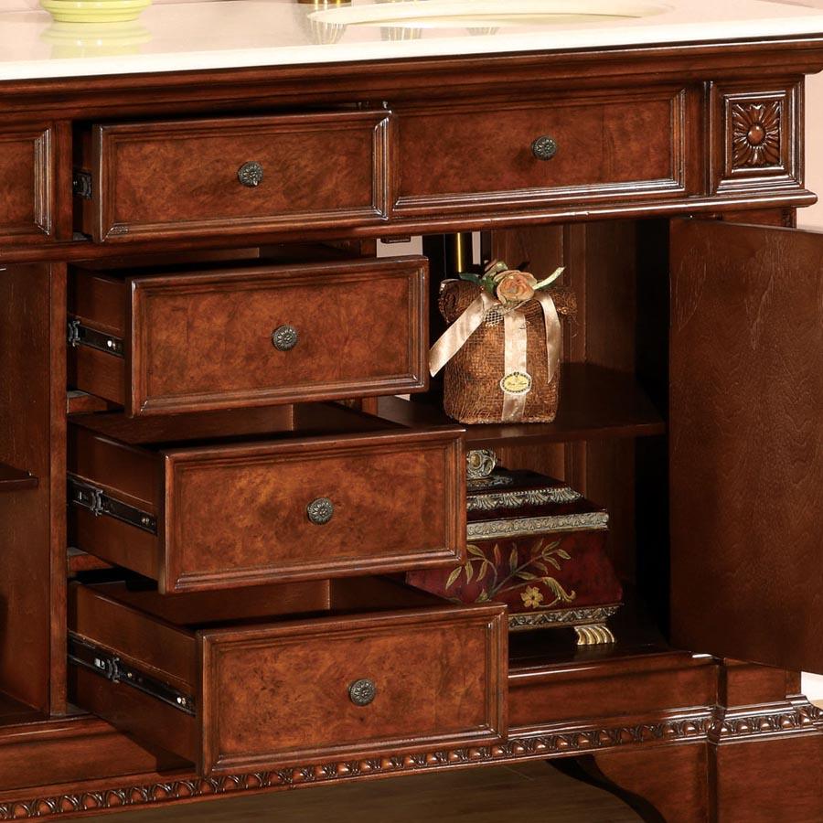 Silkroad Exclusive 60" Traditional Double Sink Bathroom Vanity, Crema Marfil Marble Top, English Chestnut - HYP-0209-CM-UIC-60