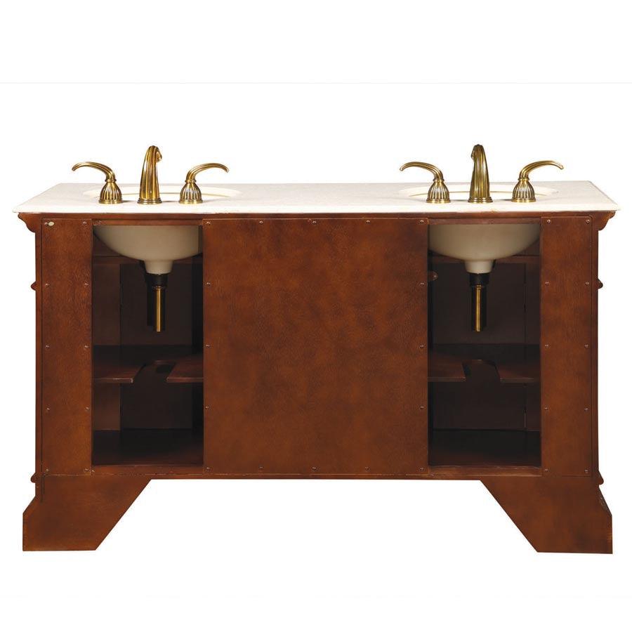 Silkroad Exclusive 60" Traditional Double Sink Bathroom Vanity, Crema Marfil Marble Top, English Chestnut - HYP-0209-CM-UIC-60