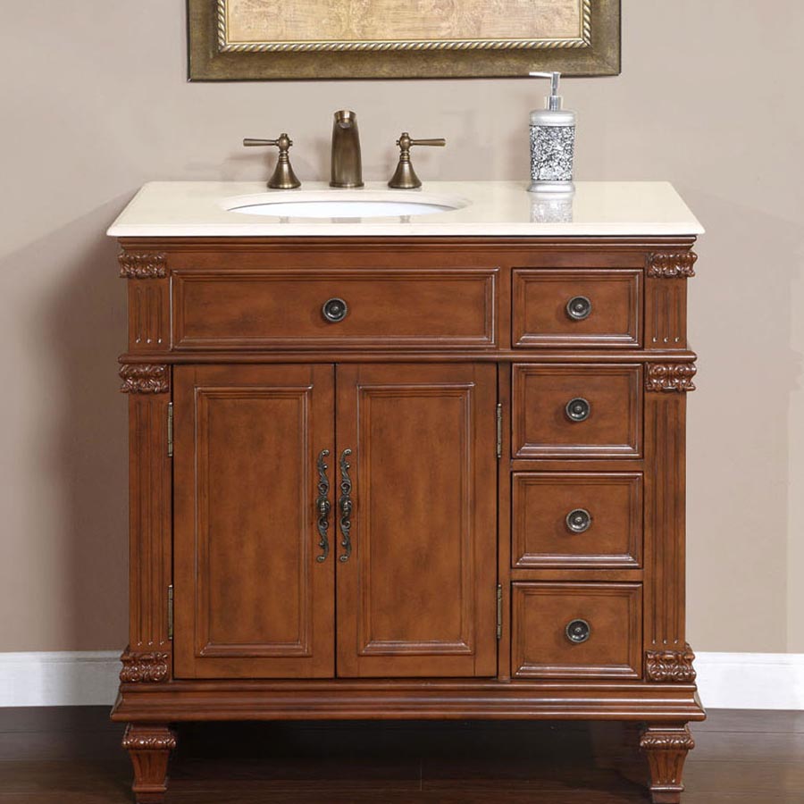 Silkroad Exclusive 36" Vermont Maple Single Sink Bathroom Vanity with Crema Marfil Marble, Left side Bowl