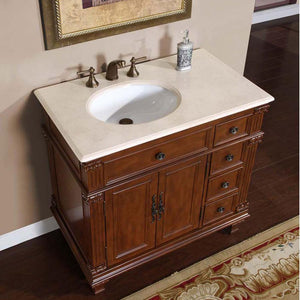 Silkroad Exclusive 36" Vermont Maple Single Sink Bathroom Vanity with Crema Marfil Marble, Left side Bowl