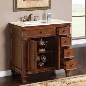 Silkroad Exclusive 36" Vermont Maple Single Sink Bathroom Vanity with Crema Marfil Marble, Left side Bowl, open