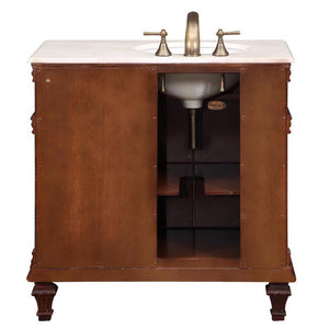 Silkroad Exclusive 36" Vermont Maple Single Sink Bathroom Vanity with Crema Marfil Marble, Left side Bowl, back