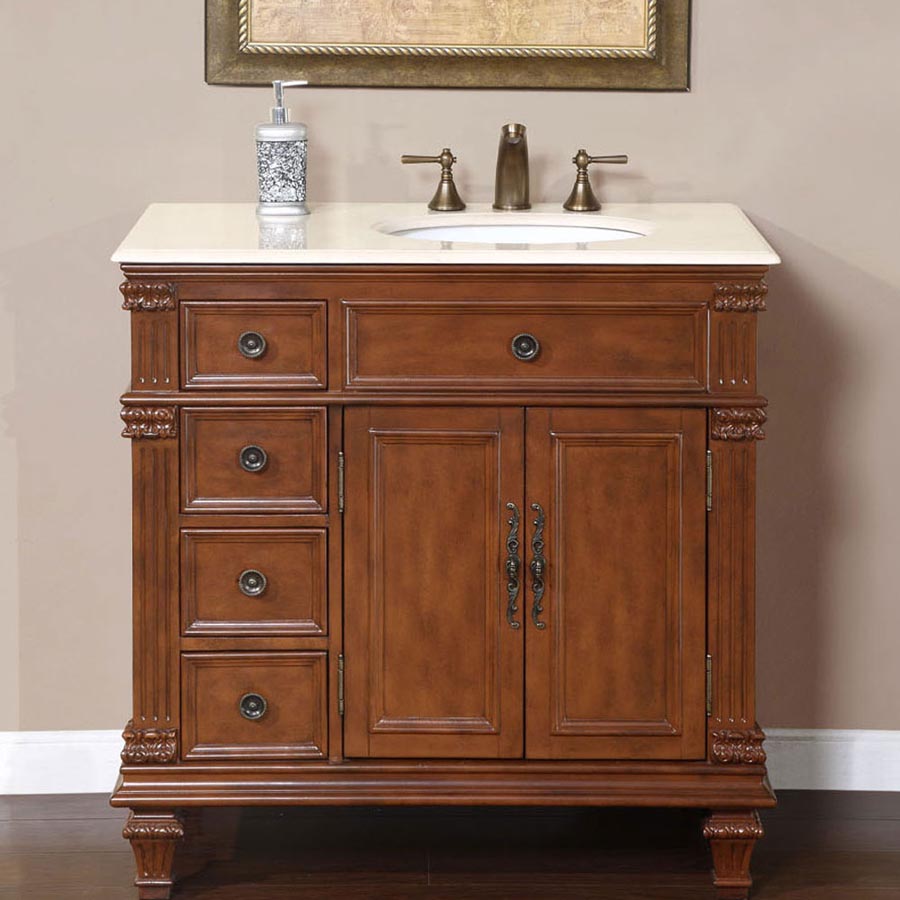 Silkroad Exclusive 36" Vermont Maple Single Sink Bathroom Vanity with Crema Marfil Marble, Right side Bowl