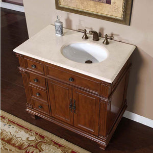 Silkroad Exclusive 36" Vermont Maple Single Sink Bathroom Vanity with Crema Marfil Marble, Right side Bowl