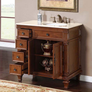 Silkroad Exclusive 36" Vermont Maple Single Sink Bathroom Vanity with Crema Marfil Marble, Right side Bowl, open