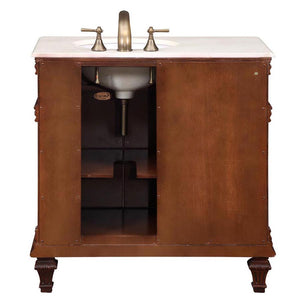 Silkroad Exclusive 36" Vermont Maple Single Sink Bathroom Vanity with Crema Marfil Marble, Right side Bowl, back