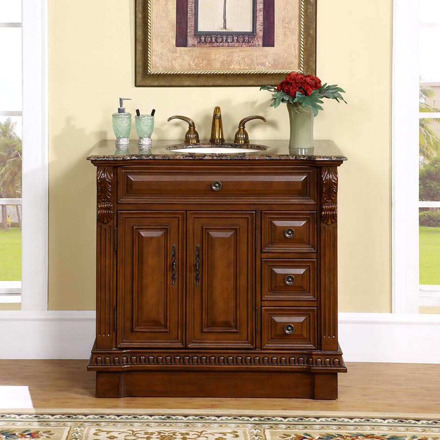 Silkroad Exclusive 38" English Chestnut Single Sink Bathroom Vanity with Baltic Brown Granite Top - Traditional Elegance - HYP-0211-BB-UIC-38