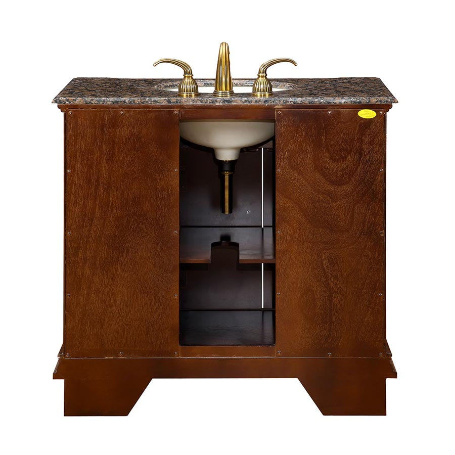 Silkroad Exclusive 38" English Chestnut Single Sink Bathroom Vanity with Baltic Brown Granite Top - Traditional Elegance - HYP-0211-BB-UIC-38, back