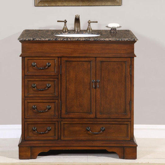 Silkroad Exclusive 36" Transitional Single Sink Bathroom Vanity with Baltic Brown Granite Top - English Chestnut - HYP-0212-BB-UWC-36