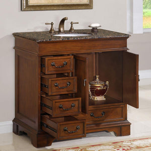 Silkroad Exclusive 36" Transitional Single Sink Bathroom Vanity with Baltic Brown Granite Top - English Chestnut - HYP-0212-BB-UWC-36, open