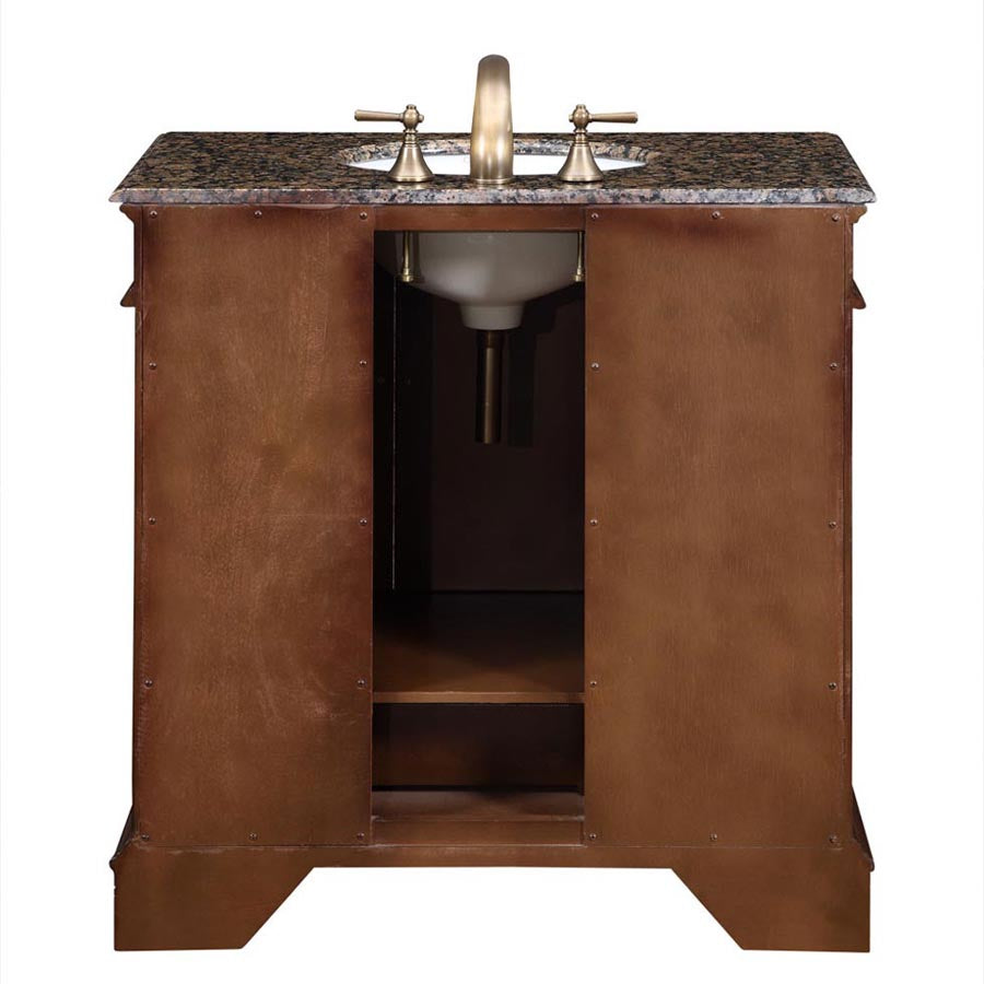 Silkroad Exclusive 36" Transitional Single Sink Bathroom Vanity with Baltic Brown Granite Top - English Chestnut - HYP-0212-BB-UWC-36, back