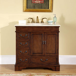 Silkroad Exclusive 36" English Chestnut Transitional Single Sink Vanity with Crema Marfil Marble - HYP-0212-CM-UIC-36